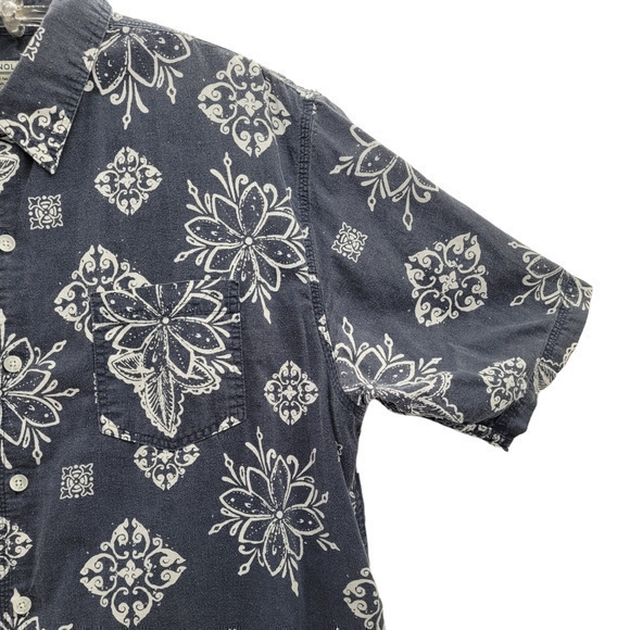 HP Honolua Gray White Floral Linen Short Sleeve Button Up Hawaiian Casual Shirt - Picture 7 of 13